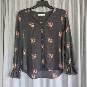 Ditsy Floral Blouse Women's M Loft Gray Long Sleeve Button Down Spring Office